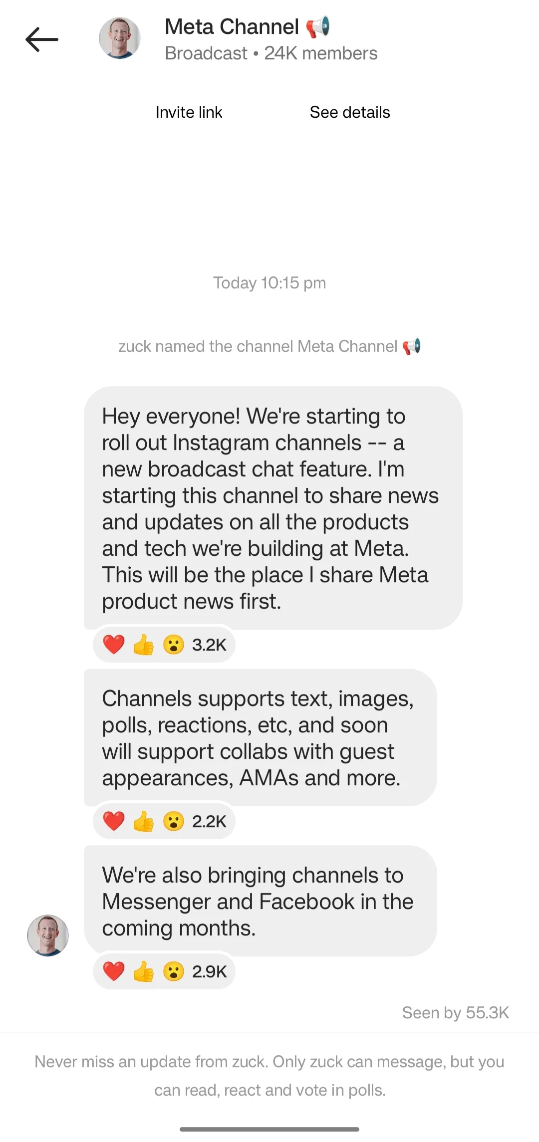 Instagram broadcast chat feature Channels announcement by Meta CEO Mark Zuckerburg